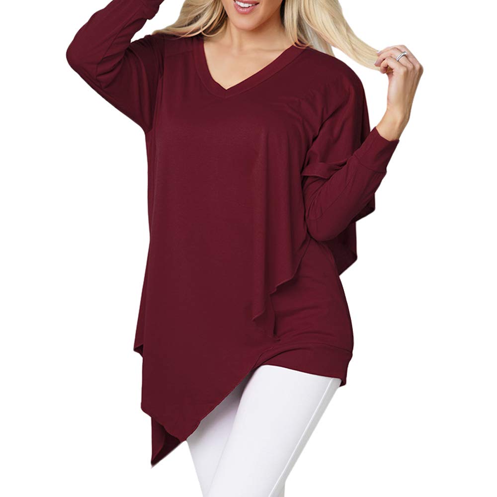 ENIDMIL Women\'s Casual Loose Long Sleeve Blouse Irregular Top V Neck T-Shirt (Wine Red, L)
