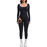 AEEZO Womens Fleece Lined Scoop Neck Long Sleeve Jumpsuit Thermal Sexy Tummy Control Ski Snow One Piece Bodycon Playsuit