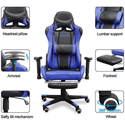 Gaming Chair Ergonomic Racing - Bizzoelife High Back PU Leather Adjustable Office Chair with Footrest Backrest Headrest (Blue)