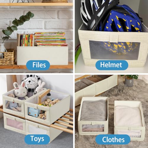Niviy 4 x Foldable Cotton and Linen Fabric Clothes Storage Box with Transparent Window for Shelf, Laundry, Toys, Books 41 x 28 x 17 cm Beige