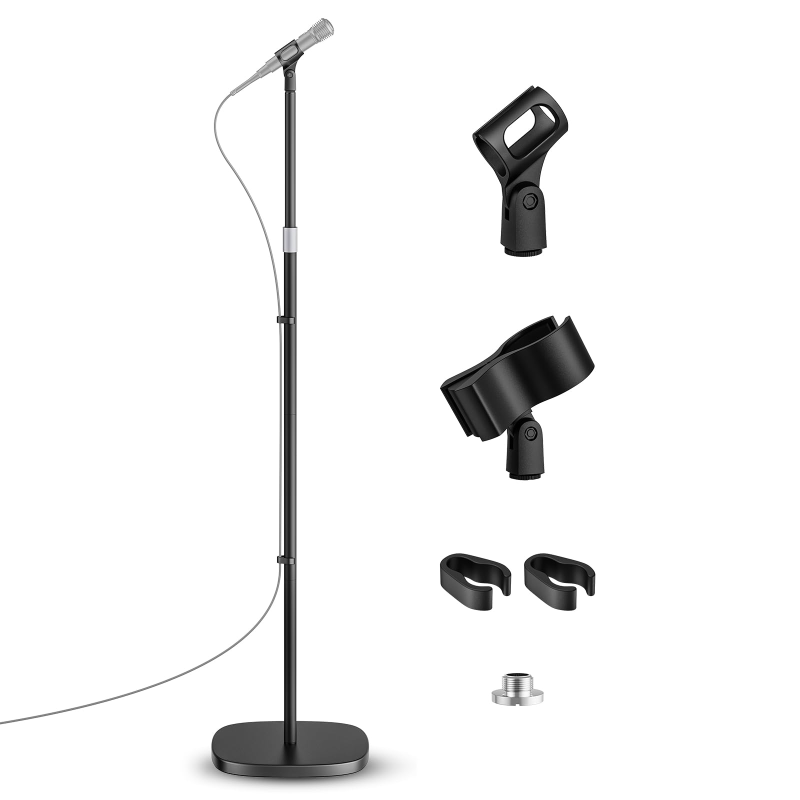 Photo 1 of POLESTO Microphone Stand, Universal Detachable Mic Floor Stand with Compact Weighted Base, Height Adjustable From 22’’ to 67’’, 2 Universal Mic Clips for Blue Yeti/Shure SM7B/Samson Q2U and More