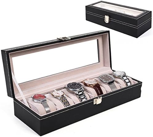 Black PU Leather 6 Slots Wrist Watch Display Box Storage Holder Organizer Case