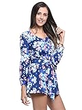 Choies Women's Blue Floral Sweetheart Long Sleeve Tie Waist Romper Playsuit