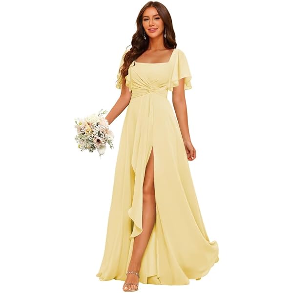 Amazon.com: Dessiny Short Sleeves Chiffon Bridesmaid Dresses with Pockets  Yellow Ruched Square Neck Aline Evening Formal Dress with Slit US4 :  Clothing, Shoes & Jewelry