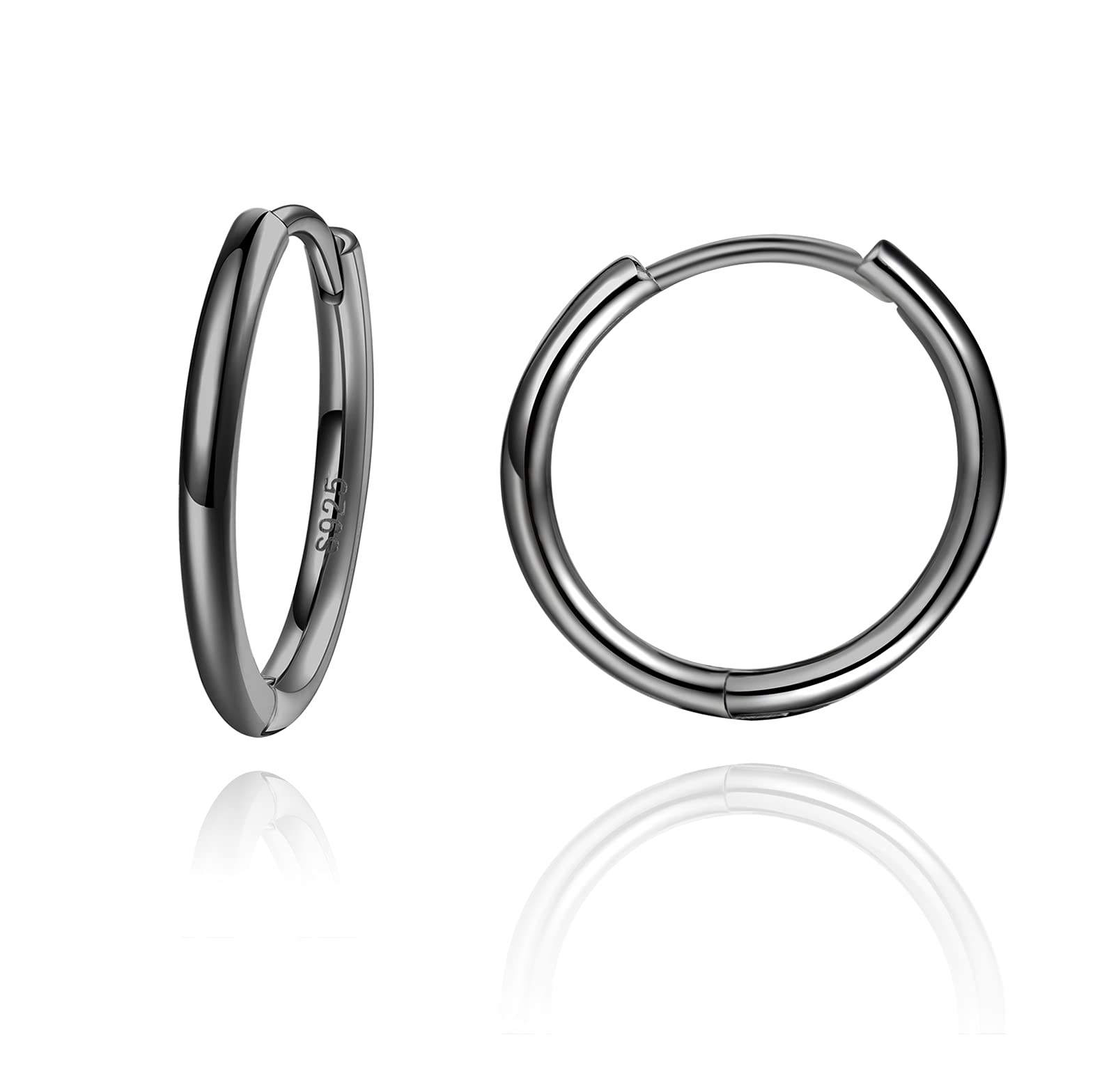 2mm Thickness Small Cartilage Huggy Hoop Earrings 925 Sterling Silver Cartlidge Helix Mini Hinged Huggie Hoops Sleepers Earrings - Black, 12MM (8mm Inner diameter)