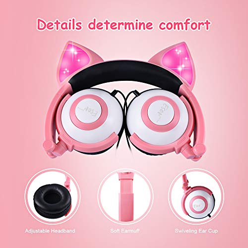 Esonstyle Kids headphones Over Ear with LED Glowing Cat Ears,Safe Wired Kids Headsets 85dB Volume Limited, Food Grade Silicone, 3.5mm Aux Jack, Cat-Inspired Purple Headphones for Girls (pink)
