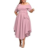 Plus Size Women Wedding Guest Dress Off Shoulder Boat Neck Irregularly Flowy Midi Church Dress