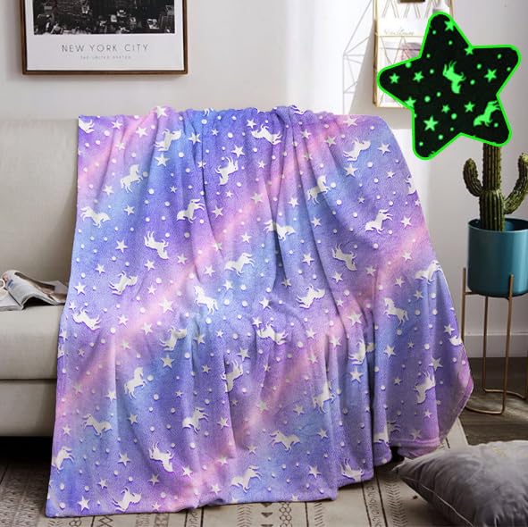 HZVRTN Unicorn Blanket, Glow in the Dark Children's Cuddly Blanket, Gift for Girls, Pink, Soft and Warm, Bed Couch Sofa Fluffy Blanket (130 x 150 cm, Unicorn E)