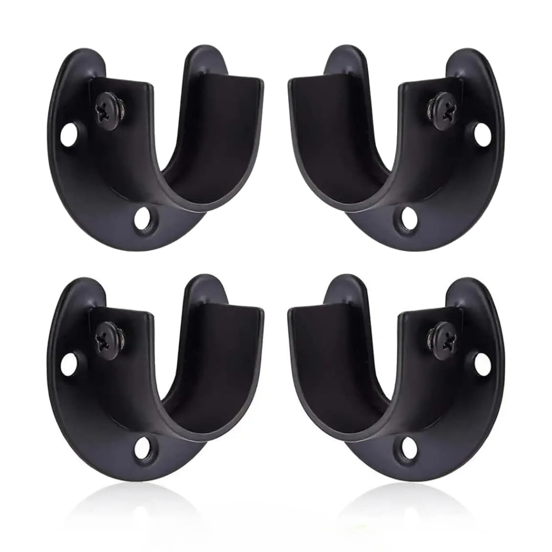 4pcs Black 25mm (0.98" Inch) Diameter Stainless Steel Rod Socket Flange U-Shape Bracket End Support for Curtain Pole, Wardrobe Closet & Bathroom Shower Rail Curtain