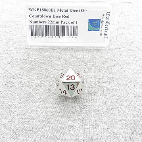 Metal Die D20 Countdown Die with Red Numbers 22mm (7/8in) Pack of 1 Wondertrail
