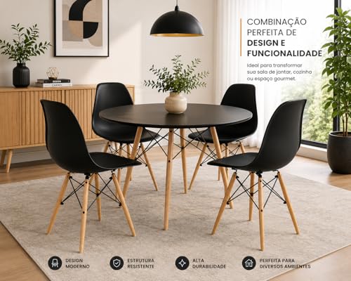 Kit 4 Cadeiras Eames Premium com Pés de Madeira – Design Moderno para Sala de Jantar, Cozinha e Escritório (PRETO)