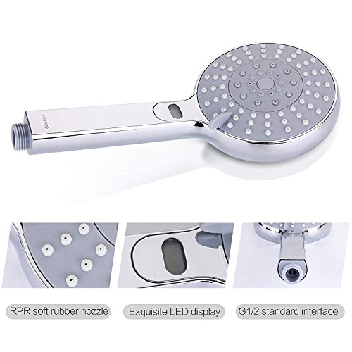 LED Thermometer Handheld Shower Head, Ahbbry Chrome 5 Setting Functions