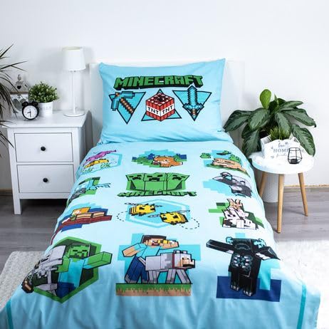 Minecraft Official Single Duvet Cover Set 140 x 200 cm, Epic Design Let's Play| Green Reversible 2 Sided Bedding Duvet Cover Official Merchandise Including Matching Pillow Case
