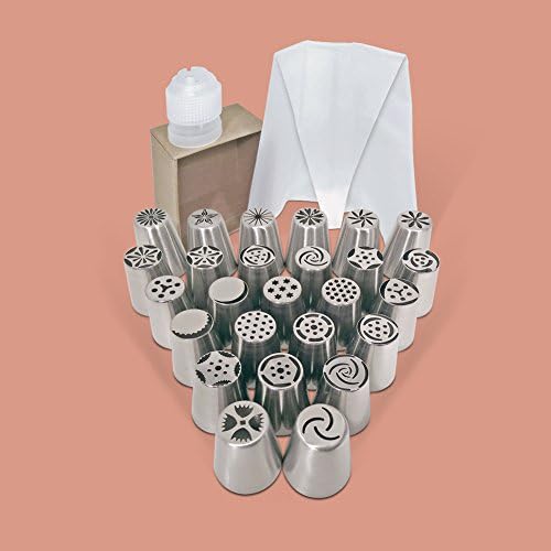 RUSSIAN PIPING TIPS, 26 Nifty Nozzles + 1 Couplers for Pastry Bags + 1 Large Reusable Piping Bag (Duyas), 28 Piece Frosting Tips Set, Nozzles Pastry Tips Russian