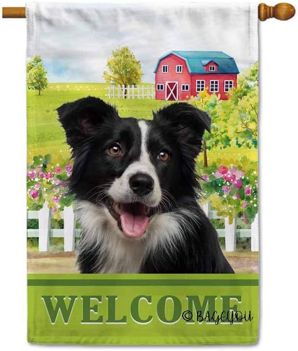 BAGEYOU Welcome A Lovely Dog Border Collie in The Country House Flag for Outside Beautiful Rustic Rural Landscape Red House Flowers Home Decor Banner 28X40 Inch Print Double Sided