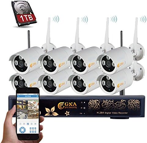 GXA Home Business Video Security System Smartphone Remote view Built-in 1 TB HD,with 8 PCS 960P Bullet HD Wireless IP Cameras Waterproof Day&amp;Night CMOS 100ft(30M) and 1 PCS of 8-Chanel 1.3MP NVR Kit