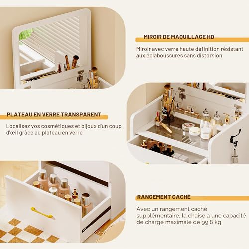 Lvifur Corner Dressing Table with Mirror, Corner Dressing Table with Stool, Large Storage Space with Drawers, Dressing Table for Apartment, Small Room
