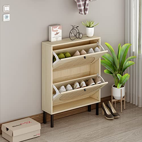 Natural Rattan Shoe with 2 Flip Drawers, Free Standing Shoe