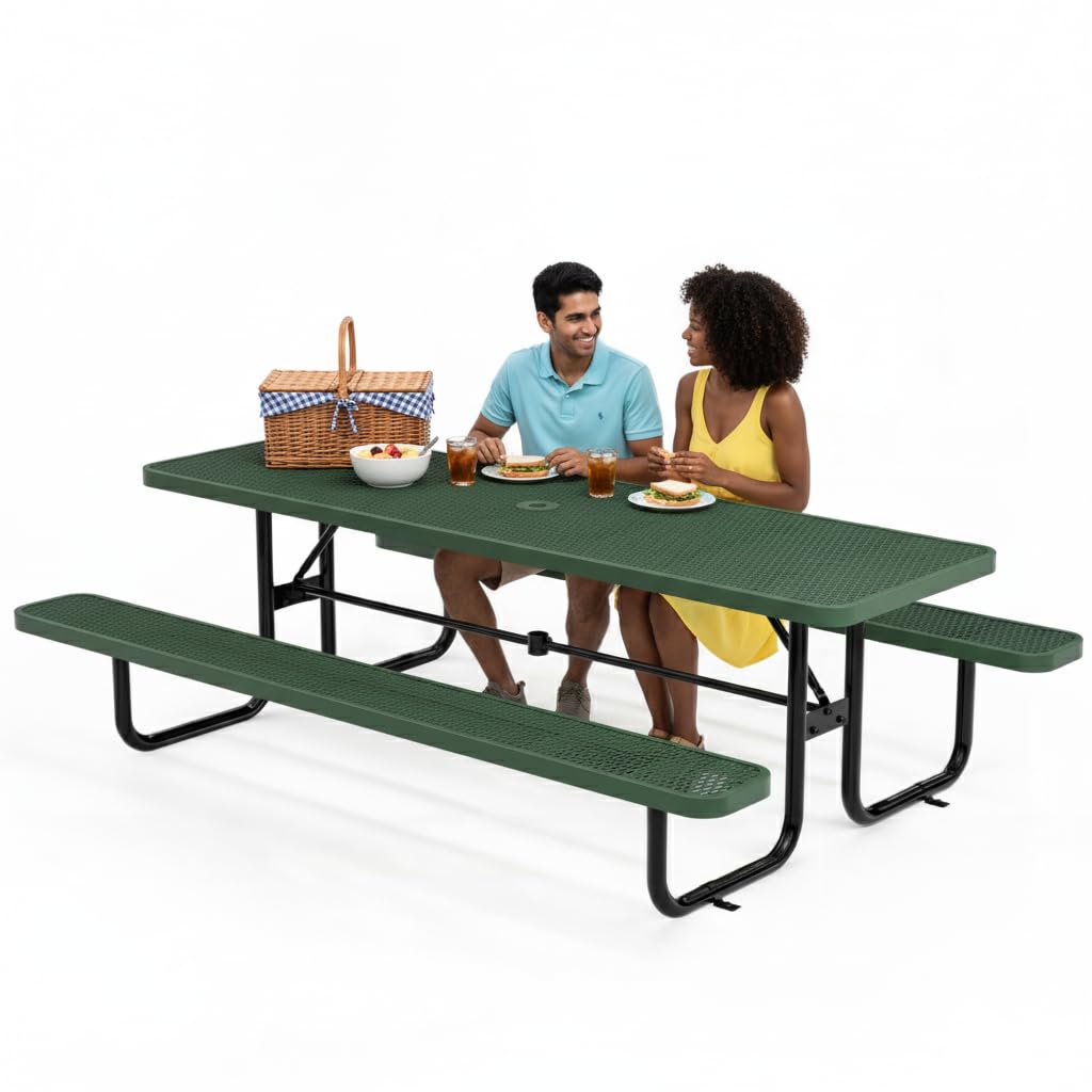 Photo 1 of ** NEW** OUTTANS Metal Picnic Furniture for Outdoors with Umbrella Hole - Coated Steel Heavy Duty Commercial Grade Table with Adjustable Seats, Patio Set for a Lifetime (Green, 8' Rectangular)