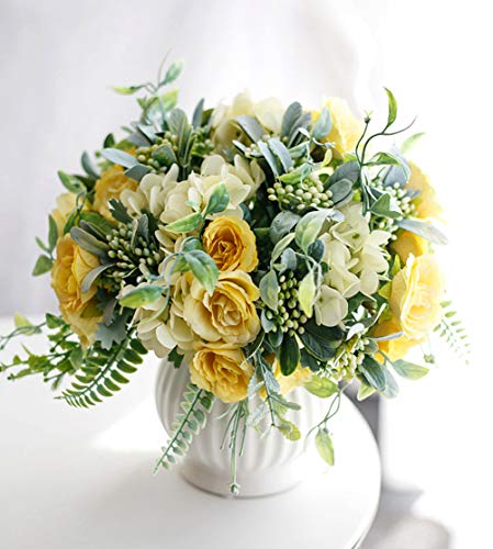 4 Bouquets Mini Artificial Peonies Flowers Silk Hydrangea with Fern Leaves Fake Plants for Table Centerpiece Flower Arrangements Wedding Decor (Yellow)