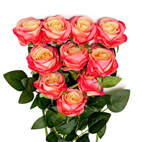 JUSTOYOU 10 Pack Artificial Silk Rose Flowers Wedding Bouquets(Pink)