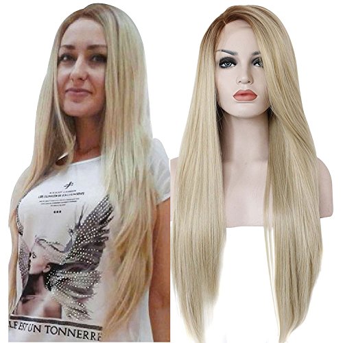 Ebingoo Long 2 Tones Ombre Blonde Lace Front Wigs Heat Resistant Straight Synthetic Hair Wig (24inches)