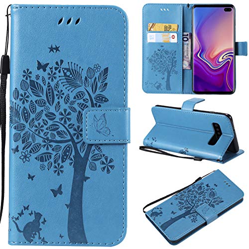 NOMO Galaxy S10 Plus Case,Samsung S10 Plus Wallet Case,Galaxy S10 Plus Flip Case PU Leather Emboss Tree Cat Flowers Folio Magnetic Kickstand Cover with Card Slots for Samsung Galaxy S10 Plus Blue