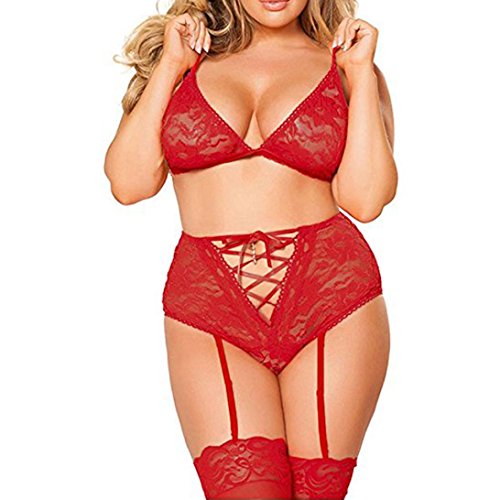 Lingerie Set,FUNIC Fashion Women Girls Sexy Lace Underwear Plus Size Uniforms Temptation Sleepwear M~3XL (Red, XL)