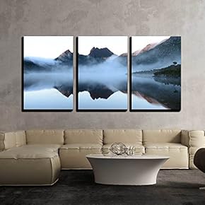 3 Piece Canvas Wall Art - The Reflex of Cradle Mountain on The Surface of Dove Lake During Morning - Modern Home Art Stretched and Framed Ready to Hang - 16"x24"x3 Panels