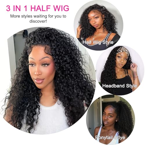 Brazilian Half Wig Human Hair 200 Density 3 in 1 Seamless Flip Over Wig Women's Natural Hair Human Hair Deep Wave Glueless Headband Wig with Drawstring Beginner Friendly 28 Inches