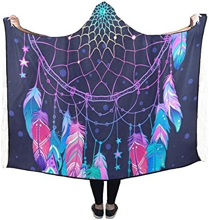 Artsadd Hooded Blanket Native American Indian Talisman Dreamcatcher With Feathers Wearable Blanket 60x50 Inch Comfortable Hooded Throw Wrap