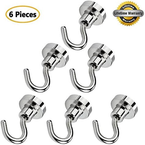 HMTek Magnetic Hooks With Stickers 12LB Strongest Heavy Duty Neodymium Hanging Utility Hooks Multi-purpose for Indoor Outdoor Kitchen Bathroom Bedroom Garage Office, 6 Pack