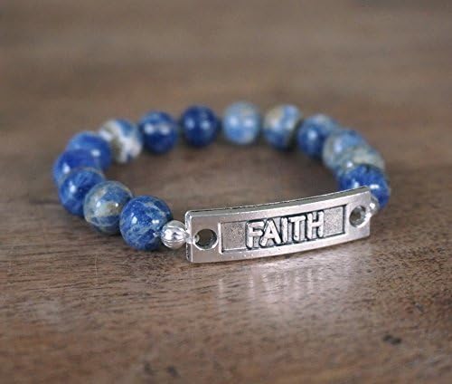 Stretch Bracelet handmade in the USA featuring a beautiful FAITH link and natural blue gemstone beads