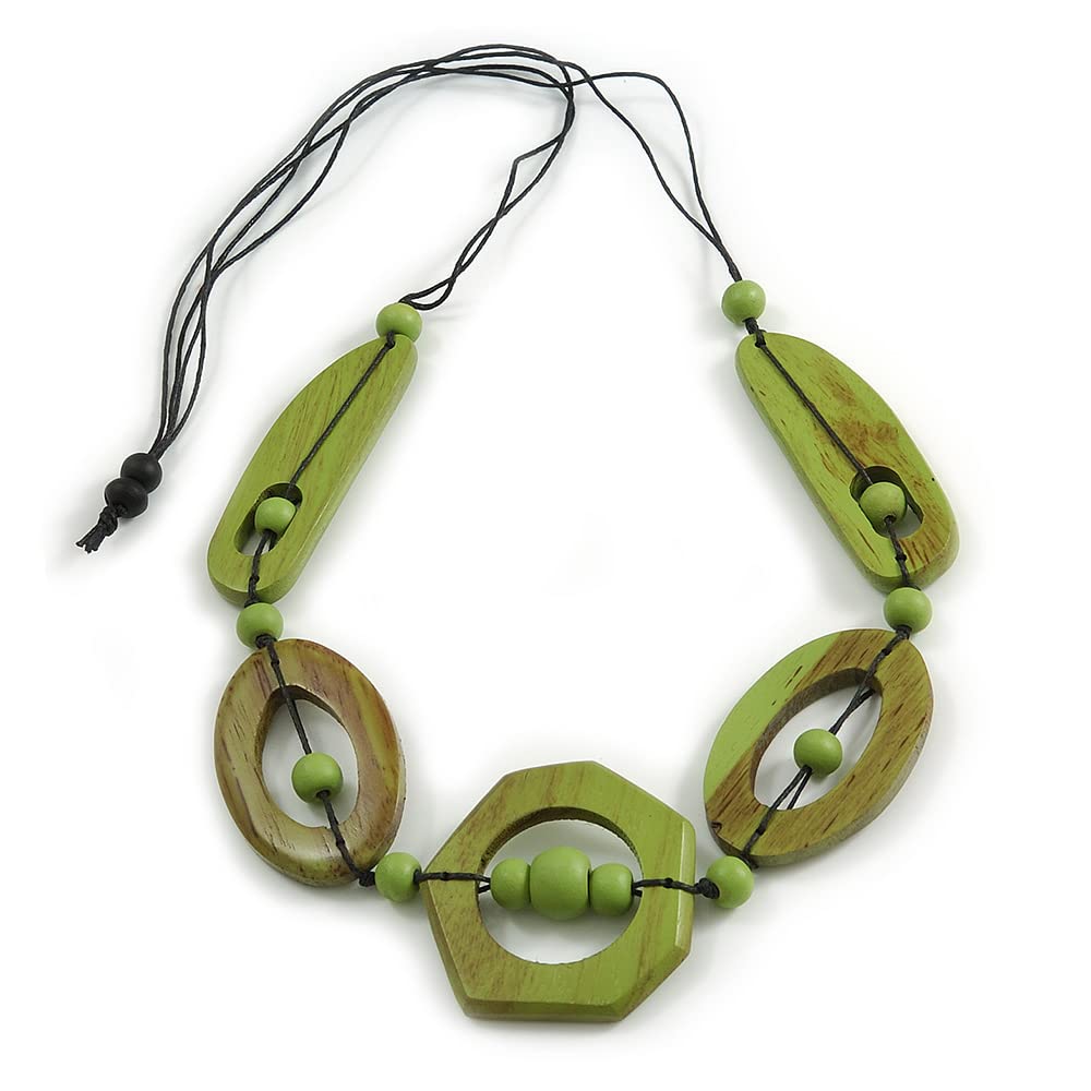 Avalaya Long Geometric Lime Green Painted Wood Bead Black Cord Necklace - 90cm Max/Adjustable