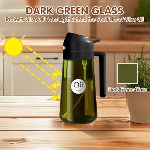 Dispensador de Aceite de Oliva Juego con Scuro Protezione Dalla Luce, 470ml 2 en 1 Spray de Cocina, Verde Pulverizador de Aceite de Calidad Alimentaria (Negro)