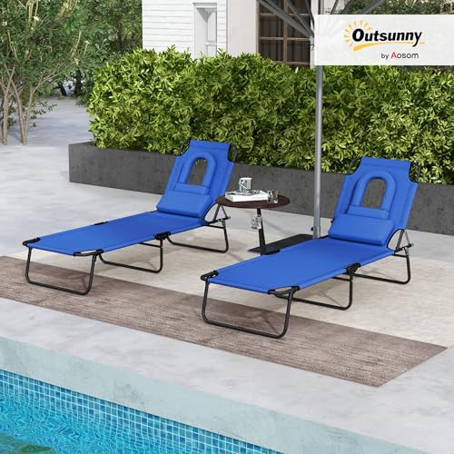 Outsunny Folding Outdoor Lounge Chair Set of 2, Adjustable Patio Chaise Lounge with Face Hole, Reclining Tanning Chair, Folding Camping Beach Lounging Bed w/Head Support, Blue