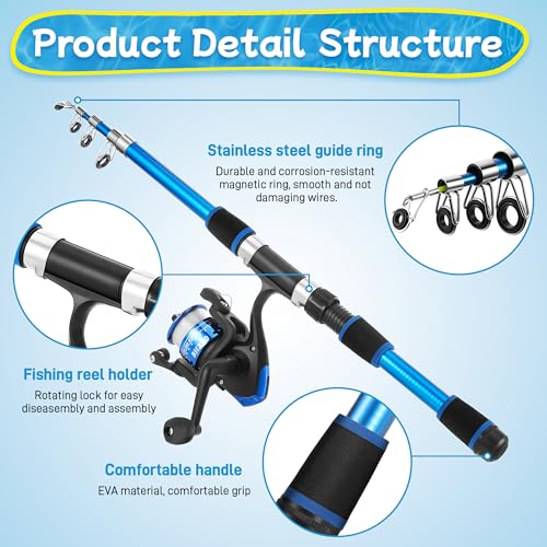 Starvortex Kids Fishing Rod Starter Set Fishing Reel Bait Line Hook Bag Portable Starter Kit Ideal for Beginners Outdoor Toy or Gift