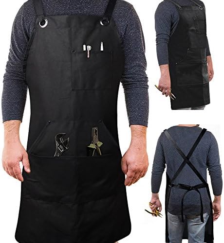 Work Apron,Shop Aprons with Tool Pockets,Adjustable Cross-Back Straps for Men and Women,Apply to Woodworking,Building,Gardeners,Grilling and Welding,Black.