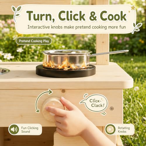 Wooden Outdoor Mud Kitchen for Kids, Waterproof Solid Wood Play Kitchen with Removable Faucet, Sink, Cutting Board, Toy Pots, Soil Cups, Magnetic Door and Storage Shelf