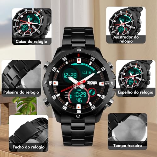 Relógio Masculino Militar de Aço Inoxidável, Resistente à Água 30M, Analógico-Quartz, com Calendário, Estilo Esportivo Casual e Negócios