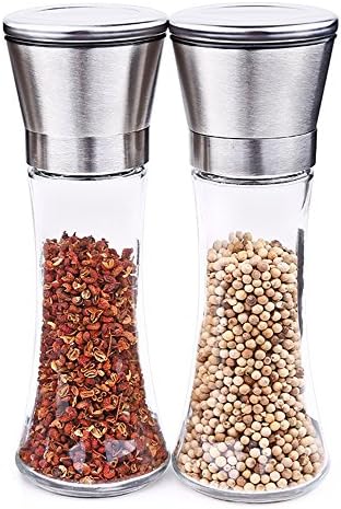 Anca Demi Premium Stainless Steel 2 Set of Salt and Pepper Shakers - Pepper Grinder Set with Adjustable Coarseness - Glass Tall Body and Easy to Fill Salt and Pepper Mill Set