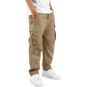 Boys Cargo Pants Baggy Pull on Uniform Pants Casual Drawstring Elastic Waisted Open Bottom Straight Leg Trousers with Pockets
