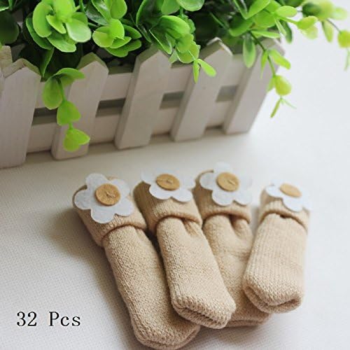 Doptou 32 PCS Chair Socks Knitted Furniture Socks Chair Leg Floor Protector,Cute White Flower Design (Beige)