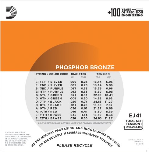 D'Addario EJ41 12-String Phosphor Bronze Acoustic Guitar Strings, Extra Light, 9-45