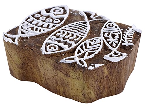 Fish Pattern Hand Carved Wood Printing Blocks Textile Stamp Wooden Brown Block - Thumbnail 4