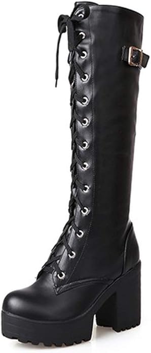 cross strap block heel knee high boots