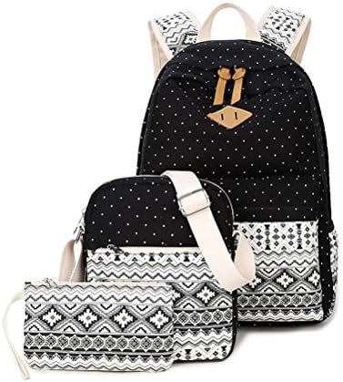 Canvas Backpack School Bags Set for Teens Girls, Casual Daypack + Shoulder Bag + Pencil Case-Type B Black