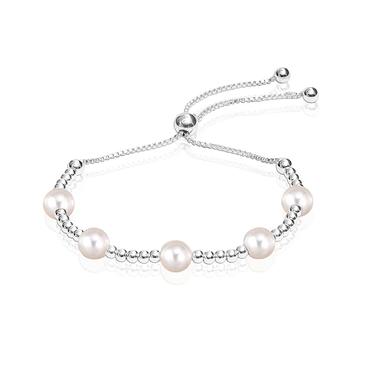 LeCalla 925 Sterling Silver Pearl Bracelets for Women | Adjustable Slider Simulated Pearl Beaded Bolo Bracelet Jewelry Gifts for Mom Wife
