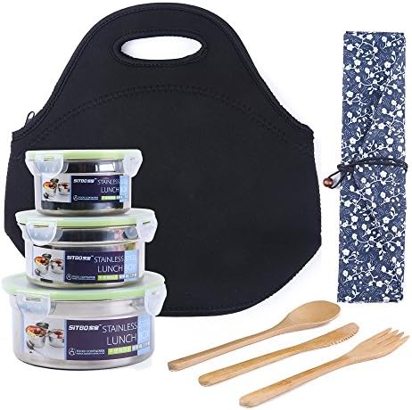 Insulated Lunch Box Set for Men Women Kid Adult, including 3 Metal Stainless Steel Lunchboxes, Thermal Neoprene Lunch Bag and Bamboo Flatware Set
