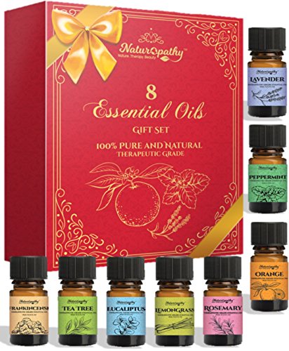Naturopathy Essential Oils Gift Set, Top 8 Aromatherapy Oils 100% Pure & Therapeutic grade - Sampler Kit (Lavender, Frankincense, Peppermint, Lemongrass, Orange, Tea Tree, Eucalyptus & Rosemary)